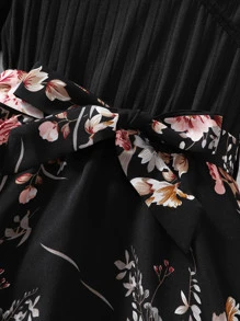 女孩印花繫腰帶連衣裙 - 黑色 - 查看 3