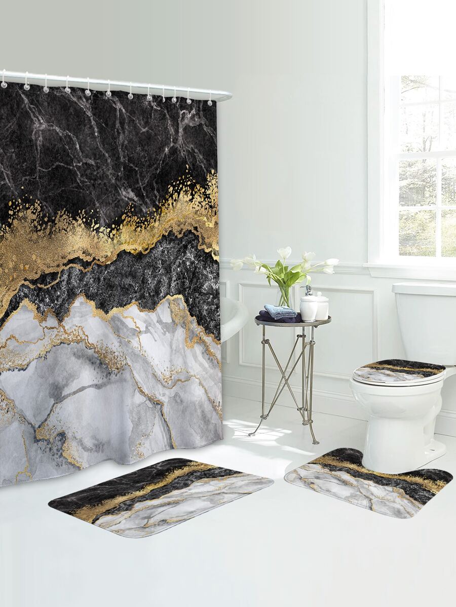 1pc Marble Print Bath Rug Or 1pc Shower Curtain Home Bathroom Decor Bathroom Accessories Back To School Entryway Decor - Multicolor - View 1