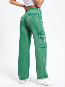 High Waist Flap Pockets Cargo Jeans - Green - View 3