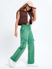 High Waist Flap Pockets Cargo Jeans - Green - View 4