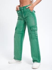 High Waist Flap Pockets Cargo Jeans - Green - View 5