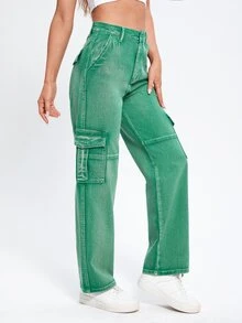 High Waist Flap Pockets Cargo Jeans - Green - View 2