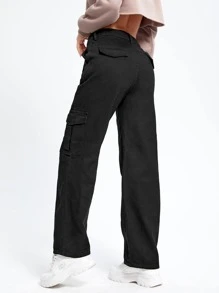 SHEIN EZwear 高腰翻蓋口袋工裝牛仔褲 - 黑色 - 查看 2