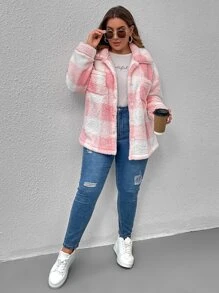 SHEIN LUNE Plus Buffalo Plaid Print Drop Shoulder Teddy Coat - Baby Pink - View 3