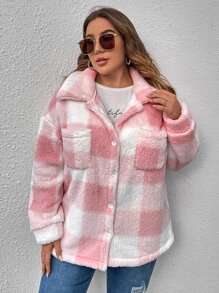SHEIN LUNE Plus Buffalo Plaid Print Drop Shoulder Teddy Coat - Baby Pink - View 6