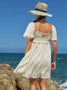 SHEIN Đầm viền lá sen Dải chun màu trơn Boho - Màu be - Xem 2