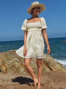 SHEIN Đầm viền lá sen Dải chun màu trơn Boho - Màu be - Xem 4