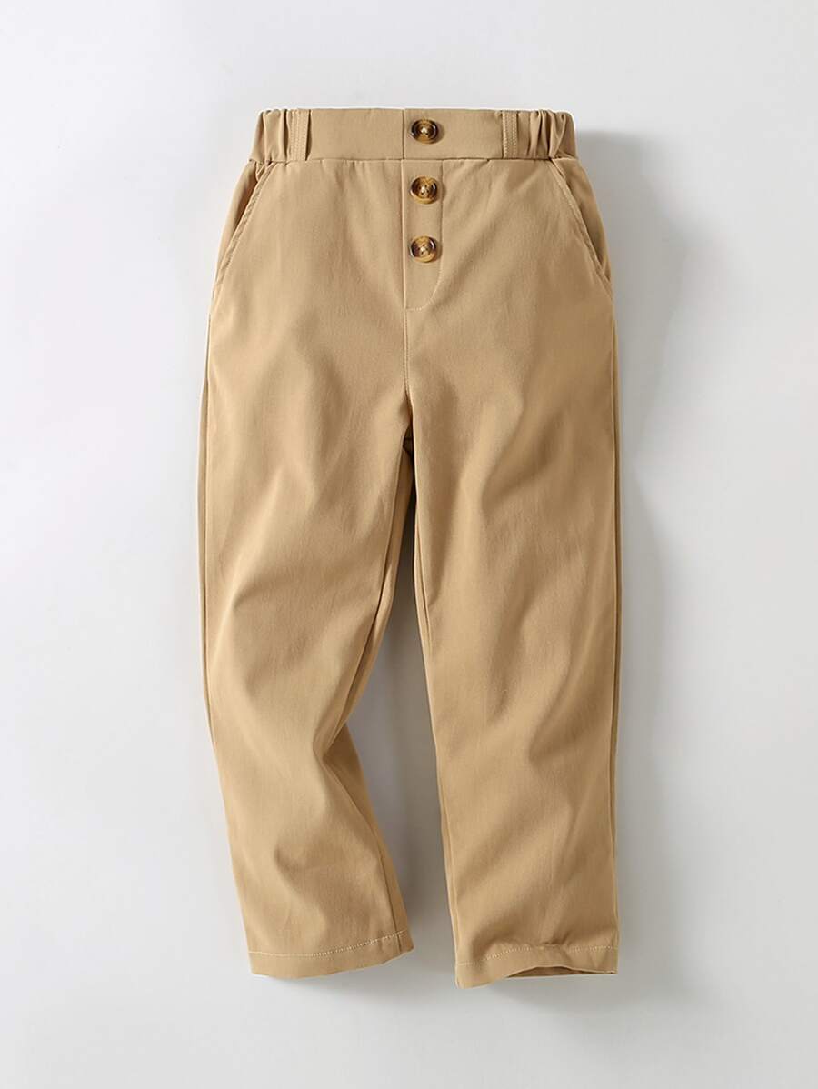 SHEIN Toddler Boys Button Front Slant Pocket Trousers - Camel - View 1