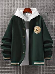 Manfinity 男士1入組標語刺繡落肩袖學院風夾克 - 墨綠色 - 查看 3