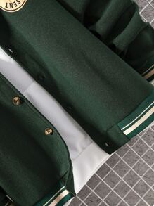 Manfinity 男士1入組標語刺繡落肩袖學院風夾克 - 墨綠色 - 查看 7