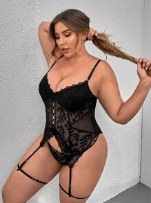 Plus 4pack Lace Panel Garter Underwire V-string Lingerie Set - Black - View 4