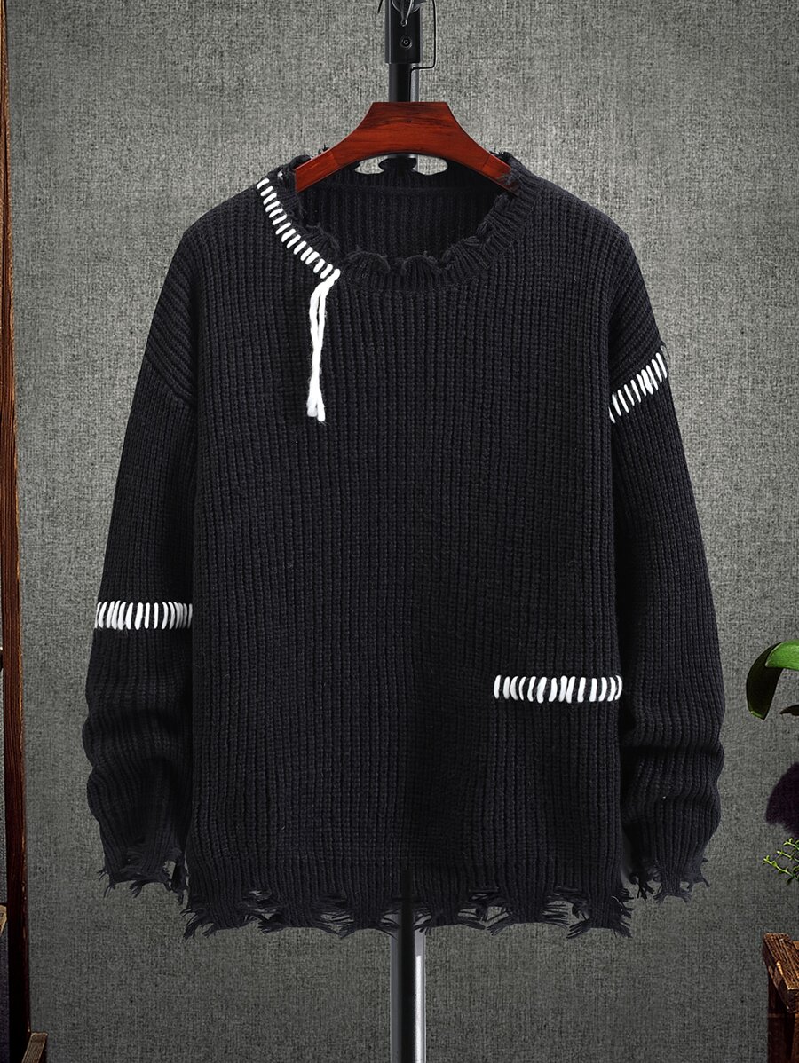 Manfinity LEGND Men Whipstitch Detail Drop Shoulder Distressed Jumper - Black - View 1