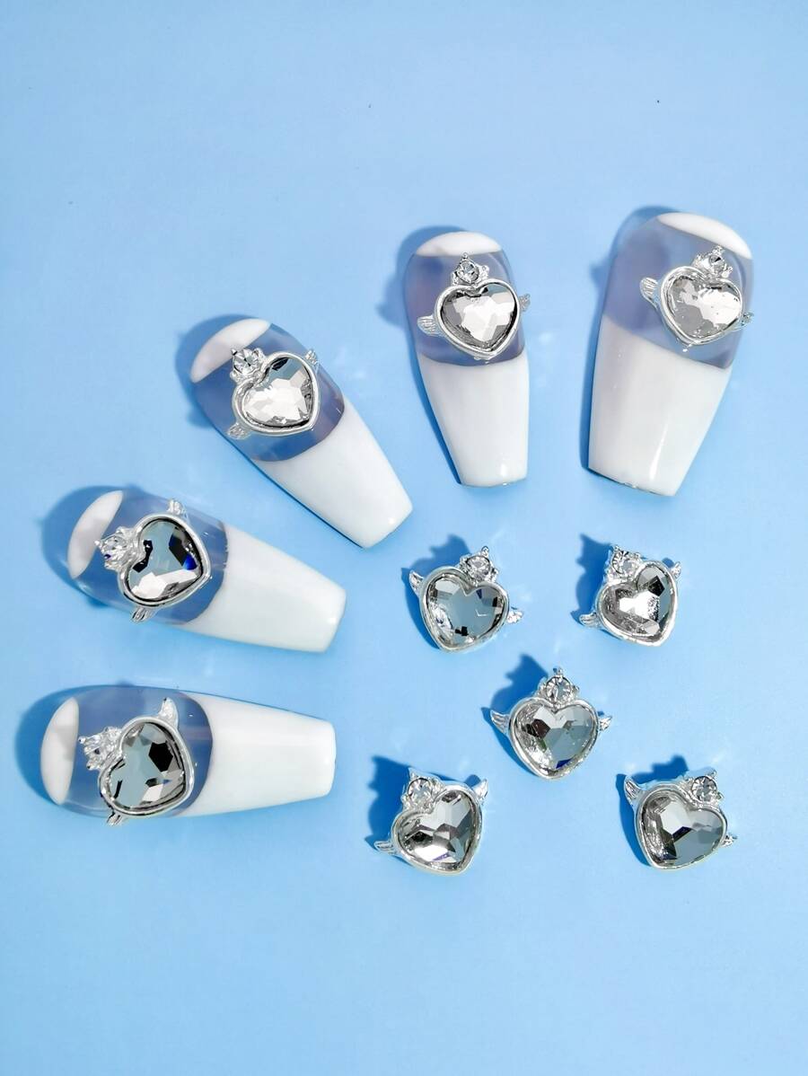 10 piezas Decoración de uñas con corazón con diseño de diamante de imitación - Plateado - Ver 1