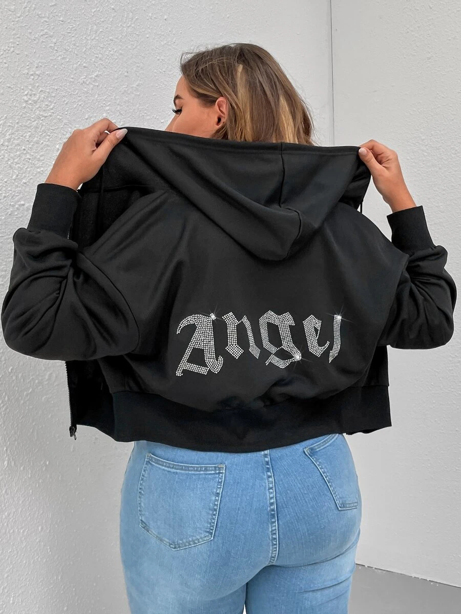 CovetEZ Plus Size Letter Rhinestone Drop Shoulder Sweatshirt - Black - View 1