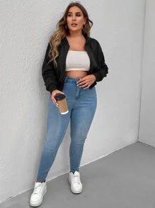 CovetEZ Plus Size Letter Rhinestone Drop Shoulder Sweatshirt - Black - View 4