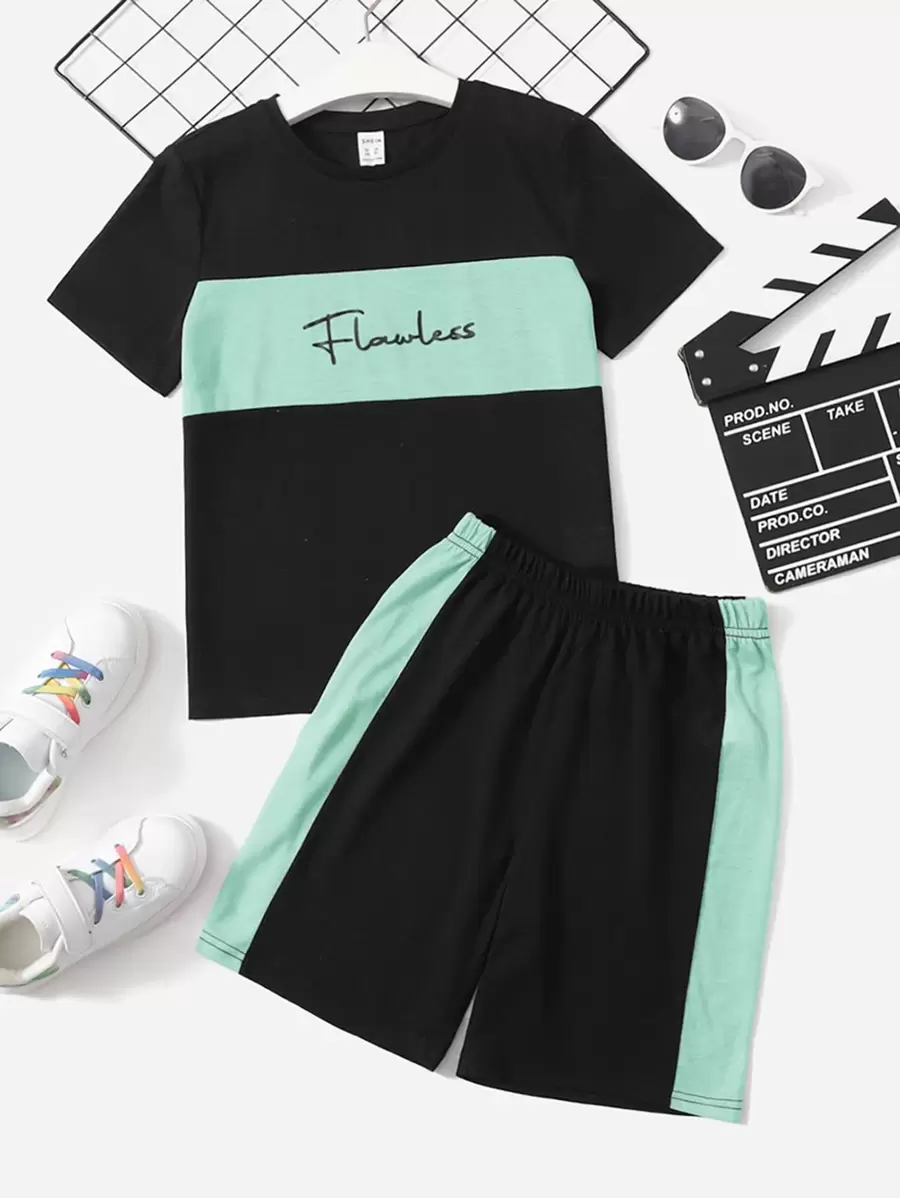 SHEIN Tricou și pantaloni scurți Tween Boy Letter Graphic Colorblock