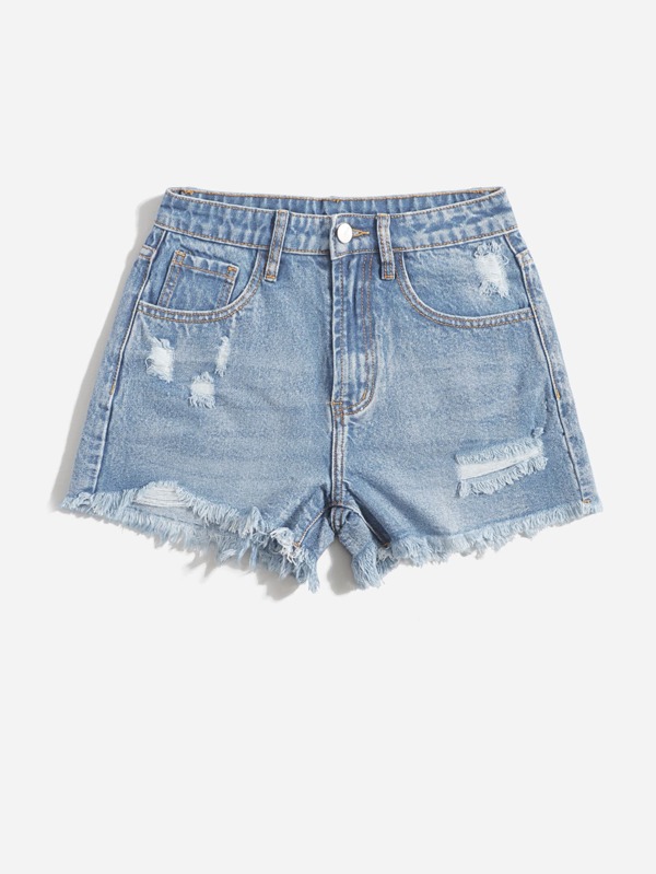 SHEIN EZwear Ripped Raw Cut Denim Shorts SHEIN UK