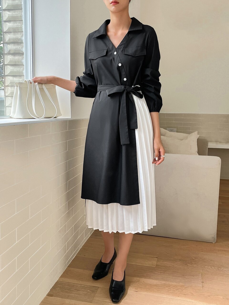 Colorblock Button Front Belted Shirt Dress
