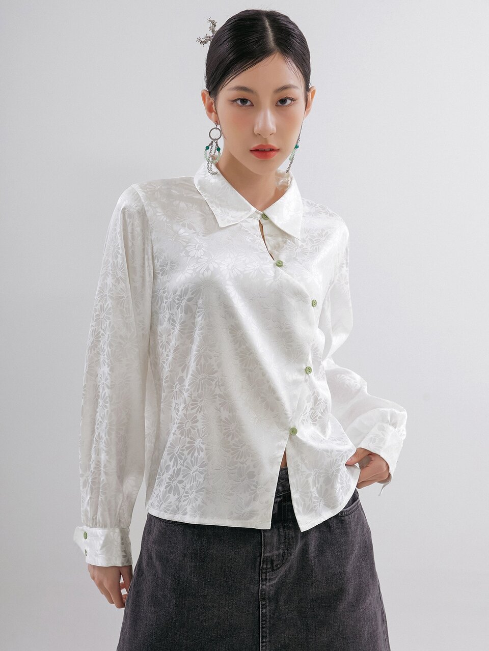 Floral Jacquard Asymmetrical Button Up Shirt