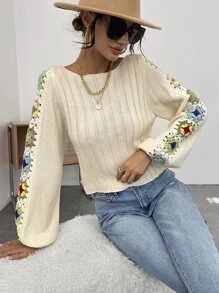 SHEIN Privé Áo len nữ Hoa Giải trí - Màu be - Xem 1