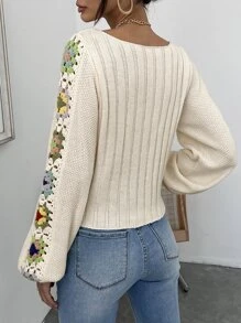 SHEIN Privé Áo len nữ Hoa Giải trí - Màu be - Xem 2