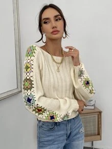 SHEIN Privé Áo len nữ Hoa Giải trí - Màu be - Xem 3