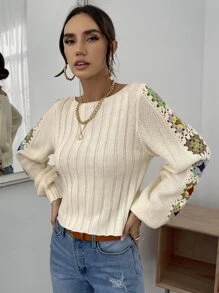 SHEIN Privé Áo len nữ Hoa Giải trí - Màu be - Xem 4