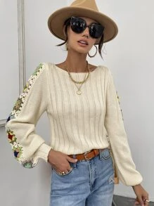 SHEIN Privé Áo len nữ Hoa Giải trí - Màu be - Xem 5
