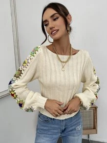 SHEIN Privé Áo len nữ Hoa Giải trí - Màu be - Xem 6