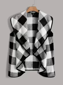SHEIN LUNE Abrigo chaleco de cuadros de cuello cascada unido en contraste de franela - Blanco y Negro - Ver 1