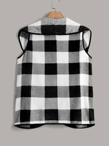 SHEIN LUNE Abrigo chaleco de cuadros de cuello cascada unido en contraste de franela - Blanco y Negro - Ver 2