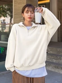 DAZY Quarter Zip Letter Embroidery Drop Shoulder Fleece Sweatshirt,Fall Women Clothes - White - View 1