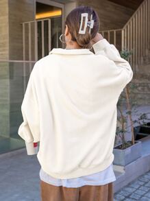 DAZY Quarter Zip Letter Embroidery Drop Shoulder Fleece Sweatshirt,Fall Women Clothes - White - View 2