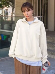 DAZY Quarter Zip Letter Embroidery Drop Shoulder Fleece Sweatshirt,Fall Women Clothes - White - View 3