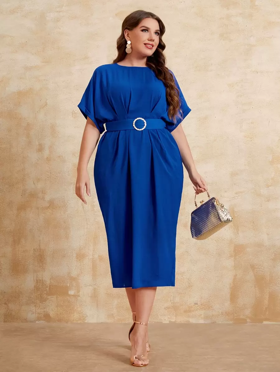 SHEIN Clasi Đầm Plus Size Thắt lưng Nhẫn Chia màu trơn Thanh lịch - Xanh đậm - Xem 1