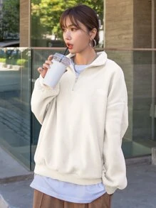 DAZY Quarter Zip Letter Embroidery Drop Shoulder Fleece Sweatshirt,Fall Women Clothes - White - View 4