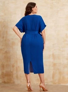 SHEIN Clasi Đầm Plus Size Thắt lưng Nhẫn Chia màu trơn Thanh lịch - Xanh đậm - Xem 2