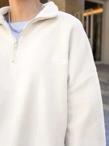 DAZY Quarter Zip Letter Embroidery Drop Shoulder Fleece Sweatshirt,Fall Women Clothes - White - View 5