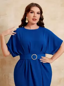 SHEIN Clasi Đầm Plus Size Thắt lưng Nhẫn Chia màu trơn Thanh lịch - Xanh đậm - Xem 4