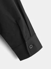 SHEIN 男童編織純色鈕扣襯衫，長袖 - 黑色 - 查看 4