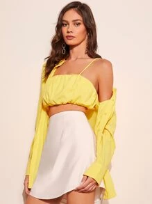 SHEIN Privé Ruched Crop Cami Top With Shoulder Padded Shirt - Yellow - View 3