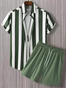 Manfinity Homme Men Random Striped Shirt & Drawstring Waist Shorts Without Tee - Green - View 1