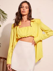 SHEIN Privé Ruched Crop Cami Top With Shoulder Padded Shirt - Yellow - View 1