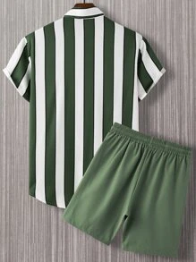 Manfinity Homme Men Random Striped Shirt & Drawstring Waist Shorts Without Tee - Green - View 2