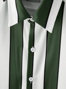 Manfinity Homme Men Random Striped Shirt & Drawstring Waist Shorts Without Tee - Green - View 3