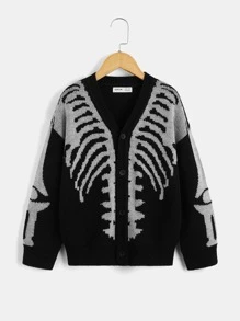 SHEIN Boys Skeleton Pattern Drop Shoulder Cardigan - Black - View 1