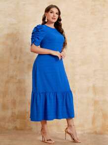 SHEIN Clasi Vestido de manga farol bajo con fruncido - Azul - Ver 3