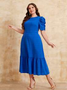 SHEIN Clasi Vestido de manga farol bajo con fruncido - Azul - Ver 4