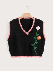 Plus Floral Patched Contrast Trim Sweater Vest - Black - View 1