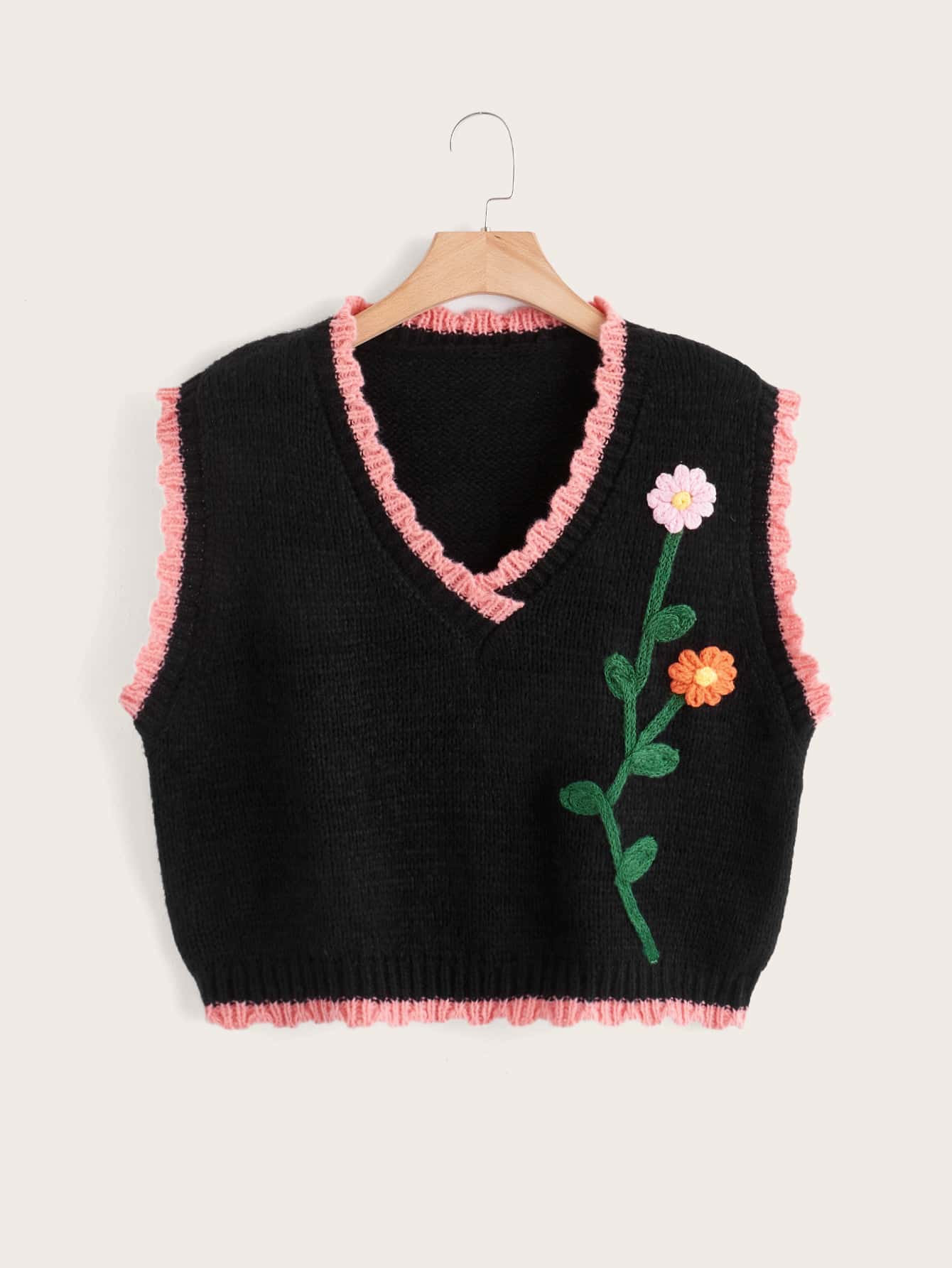 Plus Floral Patched Contrast Trim Sweater Vest - Black - View 1